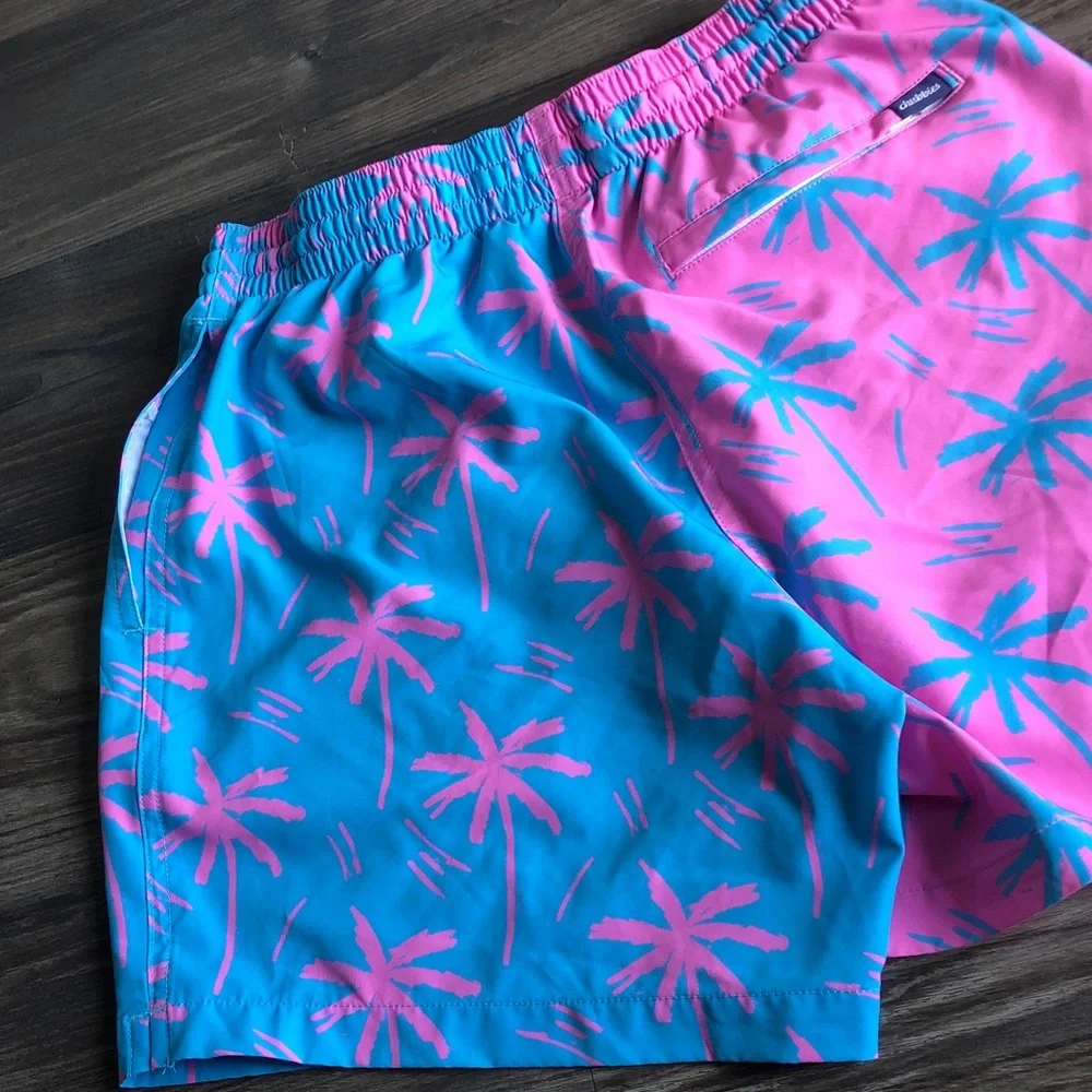 Chubbies Mens Palm Tree Print Swim Trunks Pink Blue Lined Small